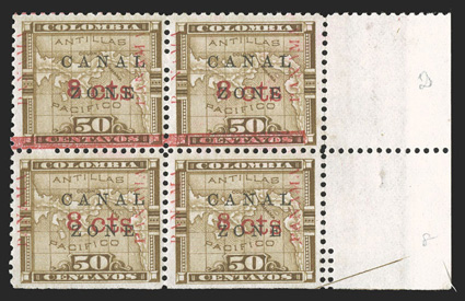 15, 8c on 50c Bistre brown, 13mm. Panama reading up, bottom right margin block of four, positions 89-9099-100, with position 90 showing the P nama error variety, in addition
this is one of the very few blocks that show all three overprint