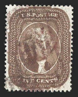 29, 5c Brown, Ty. I, a most impressive used single, extraordinarily well centered, strong color and impression, cancelled by magenta and black grids (magenta cancels are seldom
encountered on the 1857 Issue), extremely fine 2009 PF certific