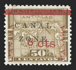 15 var., 8c on 50c Bister brown, 15mm Panama reading up, position 55, with PANAMA measuring 14¾-15mm, remarkably well centered, bright fresh color, o.g., h.r., extremely fine
one of the finest centered 15s available (CZSG 15.2b).