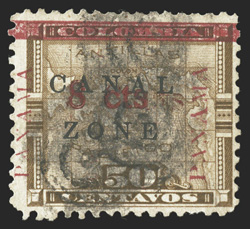 19c, 8c on 50c Bister brown, 8 cts doubled, the second overprint is light and about 4mm to the right of the other overprint, target cancels, fine there is some debate as to
whether this is truly a double overprint or a second kiss impressio