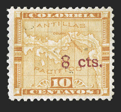 20E, 8 cts. surcharge essay in Carmine on Colombia 10c Orange, without Panama or Canal Zone overprints, o.g., h.r., very fine a rare essay, with only five examples
recorded.