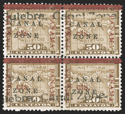 20, 8c on 50c Bister brown, used block of four, cancelled by Culebra Canal Zone straight line handstamp, which was not intended as a canceling device, but was to be used to
stamp official documents with the post office name, this block also co
