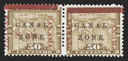 20c, 8 cts on 50c Bister brown, 8 cts omitted, horizontal pair, the right stamp with 8 cts omitted and the left stamp normal, fresh color, tropicalized o.g., fine a desirable
error in this se-tenant form only 50 printed (CZSG 20c).