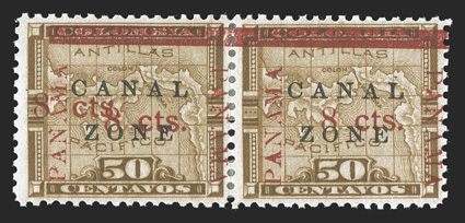 20d, 8 cts on 50c Bister brown, 8 cts doubled, horizontal pair, the left with double surcharge and the right stamp normal, nicely centered, tropicalized o.g., with some hinge
reinforcing of the middle perfs., very fine an exceedingly rare e