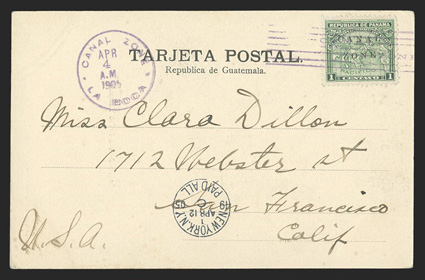 9 var., 1c Green, with dropped ON of Zone, well centered single tied by magenta La Boca April 4, 1905 postmark on picture postcard to San Francisco (backstamped), New York Paid
All, very fine a particularly scarce variety on a postcard cat