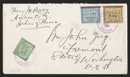 12 var., 5c Blue, Panaam variety, tied along with 8c on 50c (14) and 1c Green (9) by magenta Ancon May 7, 1905 c.d.s. postmarks on cover to Fremont, Washington (backstamps),
all stamps are exceptionally fresh, very fine any example of this