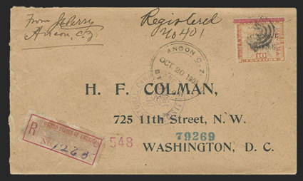 13, 10c Yellow, single from position 82 tied by target with matching Ancon Oct 20, 1905 c.d.s. on registered cover to H.F. Colman in Washington, with registry label with number
written by hand, Cristobal registry handstamp, New York and Wash