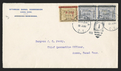 15, 8c on 50c Bistre brown, 13mm. PANAMA reading up, with the two PANAMAs close together, single tied along with pair of 1c on 20c Violet (16) by Tabernilla Apr 24 1906 duplex
cancels on cover to Ancon (April 25 backstamp), cover is excepti