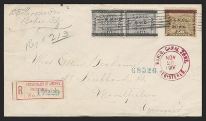 19, 8c on 50c Bister brown, single along with pair of 1c on 20c Violet (16) tied by seven-line cancel on registered cover to Vermont, red Bohio Nov 26, 1906 registered c.d.s.
handstamp, with scarce registry label, Cristobal, New York and Montpe