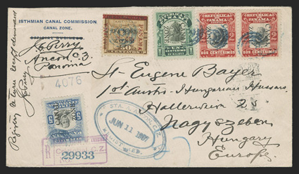 20, 8c on 50c Bister brown, along with 1c, 2c (pair) and 5c 1906 Issue (22-24) all tied by blue target cancels with matching Ancon Station A Jun 11, 1907 oval registry postmark
on cover to Hungary, Cristobal handstamped registry marking als