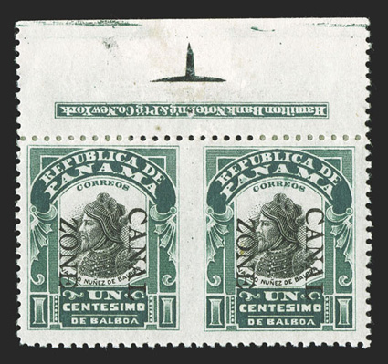 22a, 1c Green and black, horizontal pair, imperforate between, 7.25mm spacing, top margin horizontal pair with inverted imprint in the selvage, strong rich color, fresh clean
o.g., small hinge reinforcements between stamps and selvage, very fine