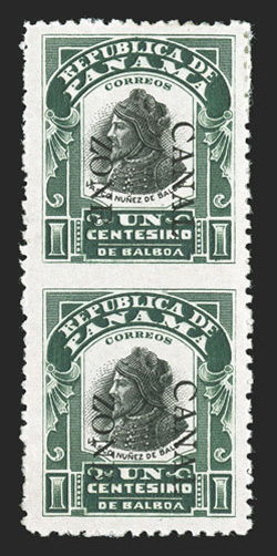 22b, 1c Green and black, vertical pair, imperforate between, 6.75mm spacing, sumptuously rich color on fresh paper, exceptionally well centered, part tropicalized o.g., h.r.,
very fine a choice example of this error, of which only twenty were