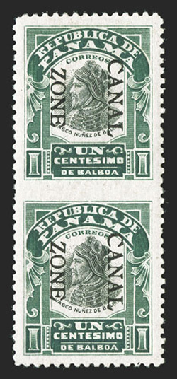 22b, 1c Green and black, vertical pair, imperforate between, 7.25mm spacing, exceptionally well centered, bright colors, o.g., h.r., trivial gum bend at top, extremely fine one
of the finest known of the twenty pairs printed (CZSG 22b).