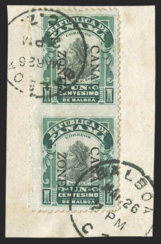 22b, 1c Green and black, vertical pair, imperforate between, 7.25mm spacing, tied to piece by Balboa c.d.s. postmarks, fresh colors, top stamp with sealed tear, very fine
appearance only 20 such pairs were ever produced (CZSG 22b).