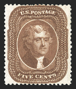 30, 5c Orange brown, Ty. II, well centered within wide margins, rich color and a strong impression, full clean o.g., trivial light h.r., choice very fine 1961 PF
certificate.