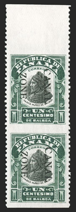 22c, 1c Green and black, imperforate horizontally, 6.75mm spacing, top sheet-margin vertical pair, excellent centering, lovely rich colors, disturbed o.g., extremely fine a
highly desirable example of this rare error, with only twenty produce
