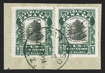 22e, 1c Green and black, Canal Zone double, 6.75mm spacing, used example tied to piece by Paraiso c.d.s. along with normal 1c value, fresh and fine a far scarcer error to find
used rather than mint, despite the same catalog value ex-Tows