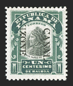 22f, 1c Green and black, Canal Zone double, one inverted, 7.25mm spacing, nicely centered, strong bright colors, tropicalized o.g., very fine an exceedingly rare error, being
only the second example we have ever offered in our auctions (C