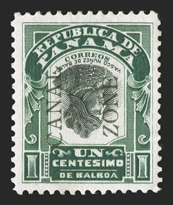 22g, 1c Green and black, Center and Canal Zone inverted, 6.75mm spacing, attractive unused single, deep colors, well centered, regummed, very fine and choice from the original
sheet of 100, 78 were used on mail before the error was discovered