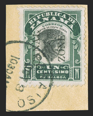 22g, 1c Green and black, Center and Canal Zone inverted, 6.75mm spacing, another example of this invert rarity, being a used copy tied to piece by Paraiso c.d.s., strong
colors, very fine the Scott catalog value prices mint and used copies of