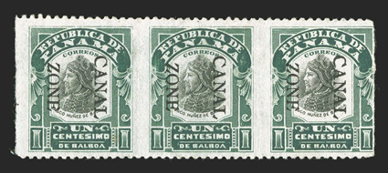 22h, 1c Green and black, imperforate vertically, 7.25mm spacing, horizontal strip of three, o.g., h.r.s, small thin spots and vertical creases between stamps, fine-very fine
appearance one of the rarest errors of the Canal Zone, being one of