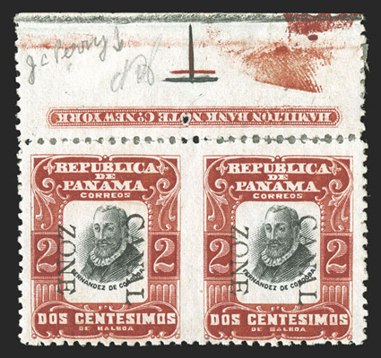 23a, 2c Red and black, horizontal pair, imperforate between, 7.25mm spacing, top sheet-margin pair with inverted imprint in selvage, bright fresh color, o.g., the selvage has
been reattached with hinges, fine only twenty pairs were ever print