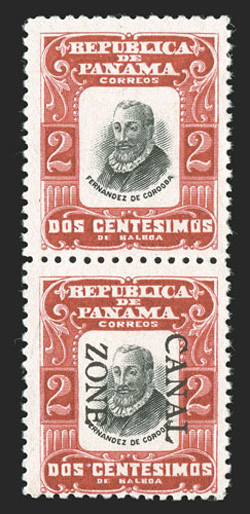 23b, 2c Red and black, vertical pair, top stamp without overprint, 7.25mm spacing, a striking error caused by the overprint having been applied one row too low on one sheet,
bright color, o.g., fine-very fine an especially rare error of which