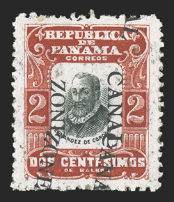 23d, 2c Red and black, Canal Zone double, one diagonal, 7.25mm spacing, the diagonal overprint is split, tropicalized o.g. with some light gum soaking, very fine and a striking
error (CZSG 23.3).