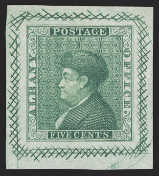 1Xa-E1d, 5c Albany, N.Y. Postmaster Provisional die essay on bond, four different colors (bluish black, brown, blue and blue green), each approximately 32x35mm, with full margins
outside the cross-hatching, a very fine and attractive group each