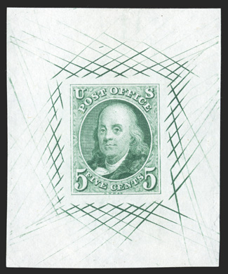 1TC1, 5c Franklin, large die trial color proof in Green on India, 44x54mm with full cross-hatching, wonderfully fresh color on bright paper, extremely fine a nice full size
proof in a color quite distinct from the listed deep green and dull gre