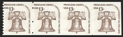 1618g, 13c Brown coil, pair, imperforate between, strip of four with the two middle stamps imperforate between, o.g., n.h., very fine a scarce error that is listed but not
priced in Scott 1987 PF certificate.