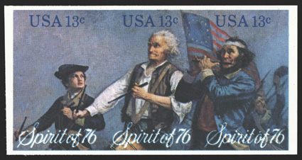 1631b, 13c Spirit of 76 se-tenant strip of three, imperforate, full margins all around, o.g., n.h., very fine 1989 PF certificate.