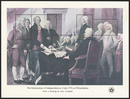 1687r, 18c Bicentennial souvenir sheet, yellow omitted, o.g., n.h., very fine this is the listing example and the only one recorded to date, being one of only two or three of
the Bicentennial souvenir sheet errors that are considered unique<