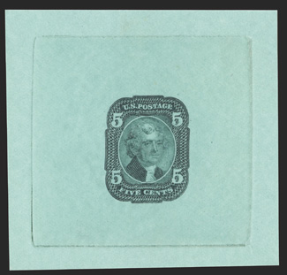 67E1bE4f, 5c Jefferson die essay group of seven items, 67-E1b in brown, 67-E2a in red brown, 67-E3a (three) in black, yellow brown and dark brown, 67-E3f in black, and 67-E4f
in brown, very fine latter two accompanied by 1992 PF certifica