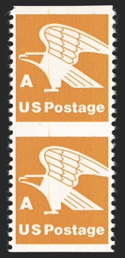 1735b, A Eagle, vertical pair, imperforate between, pair, with full vertical perforations (most have faint vertical perfs.), o.g., n.h., very fine rare with the full
perforations.