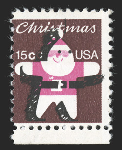 1800b, 15c Christmas, green, yellow and tan omitted, centered to the left and with other colors misaligned as is always the case on this error, exceedingly fresh, o.g., n.h.,
fine.