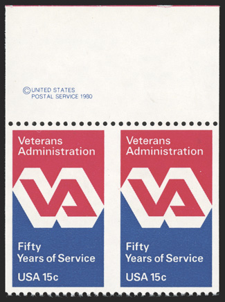 1825a, 15c Veterans Administration, imperforate vertically, top margin horizontal pair, o.g., n.h., extremely fine and choice 1990 PF certificate.