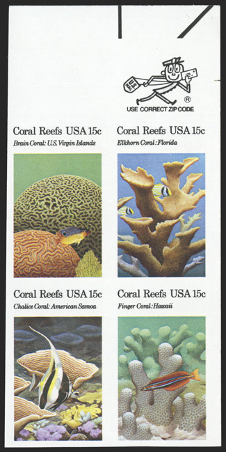 1830b, 15c Coral Reefs se-tenant block, imperforate, top right corner margin ZIP block of four, o.g., n.h., extremely fine 1989 PF certificate.