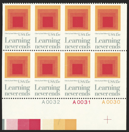 1833a, 15c Learning, imperforate vertically, bottom right margin plate number block of eight containing four error pairs, o.g., n.h., very fine 1990 PF
certificate.