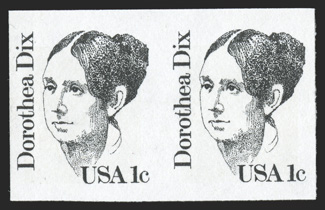 1844a, 1c Dorothea Dix, imperforate, horizontal pair, fresh, o.g., very fine 1990 PF certificate.