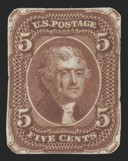 67-E4b, 5c Brown, die II essay on toned paper cut to shape, rich color, minor crease, two internal closed tears and small surface scrape, very fine appearance a rarely seen
essay 1992 PF certificate.