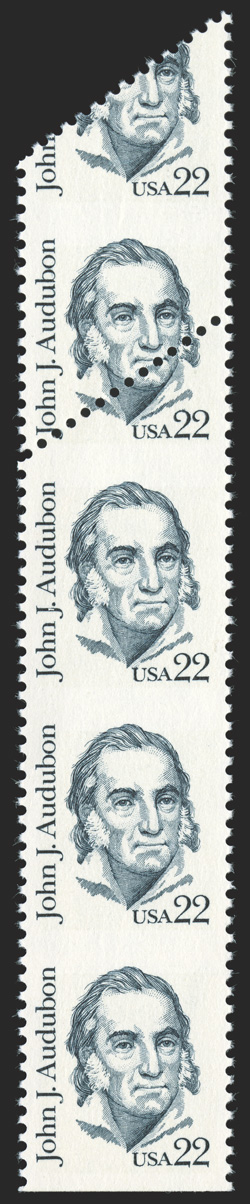 1863d, 22c Audubon, imperforate horizontally, vertical transition strip of five, the bottom three stamps being imperforate horizontally, the other stamps with dramatic
horizontal misperforation, o.g., n.h., very fine only one sheet was printe