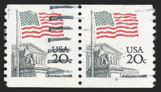 1895h, 20c Flag over Supreme Court, black field of stars instead of blue, used pair showing the background portion of the stars in the flag printed in a grayish black instead
of the normal deep blue, very fine the first such example we have e