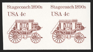 1898Ad, 4c Stagecoach coil, imperforate, pair, large even margins, bright color, o.g., n.h., extremely fine one of the scarcer imperforate pairs from the Transportation Coil
series 1991 PF certificate.