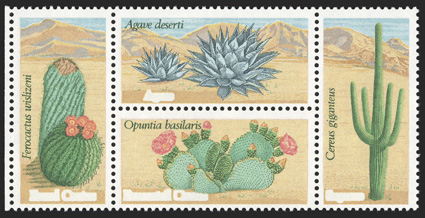 1945b, 20c Desert Plants se-tenant block of four, engraved deep brown color omitted, a choice left sheet-margin example of this important missing color rarity, leaving the
block devoid of USA20c denominations and cactus names, well centered,