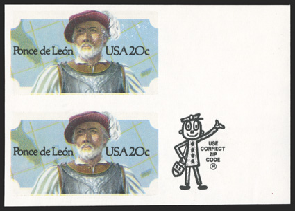 2024a, 20c Ponce de Leon, imperforate, vertical right margin ZIP pair, bright and fresh, o.g., n.h., extremely fine 1989 PF certificate.