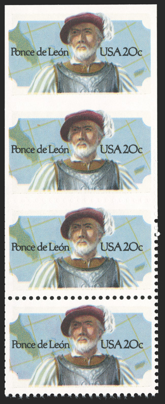 2024b, 20c Ponce de Leon, vertical pair, imperforate between, strip of four, the top two stamps completely imperforate between, the next two stamps with blind perfs. in the
middle, top stamps with blind perfs. on the sides as always, o.g., n.h.,