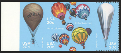 2035c, 20c Balloons se-tenant block of four, left three stamps imperforate, right stamp part perforate, left sheet-margin block of four, o.g., n.h., very fine an extremely
rare error, as only five errors exist in this format 1994 PF certif