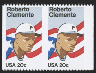 2097a, 20c Roberto Clemente, horizontal pair, imperforate vertically, choice right sheet-margin example of this rare and popular baseball related error, well centered, o.g.,
n.h., extremely fine only twenty pairs and three strips of three exist