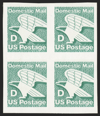 2111b, (22c) D stamp, imperforate horizontally, block of four containing two error pairs, vertical perforations blind as always, o.g., n.h., very fine according to Datz only
four pairs have been reported 1990 PF certificate.